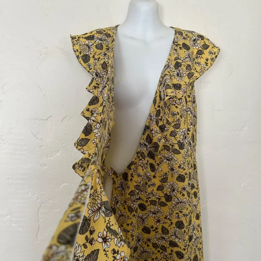Max Studio Yellow Floral Boho Midi Wrap Dress Summer Spring Size Medium